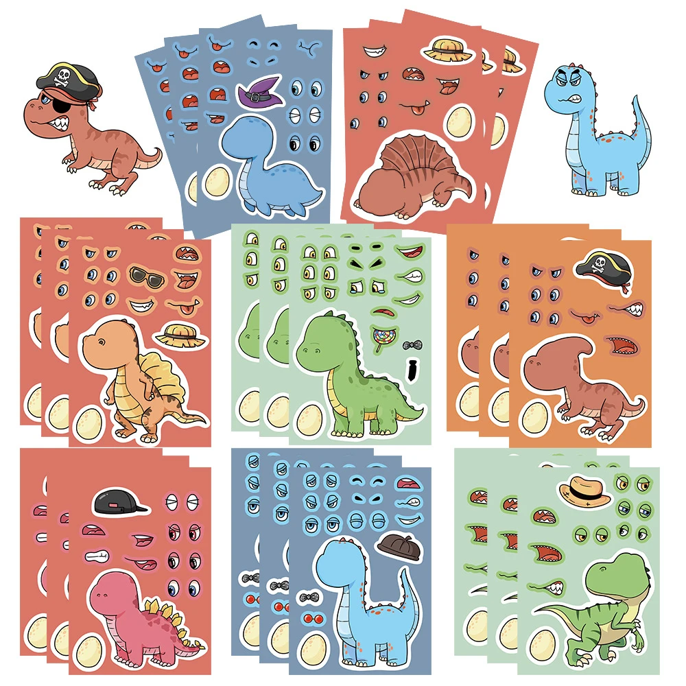 

8/16Sheets Cute Make a Face Dinosaur World Puzzle Stickers Games Funny DIY Assemble Jigsaw Craft Sticker Kids Education Toy Gift