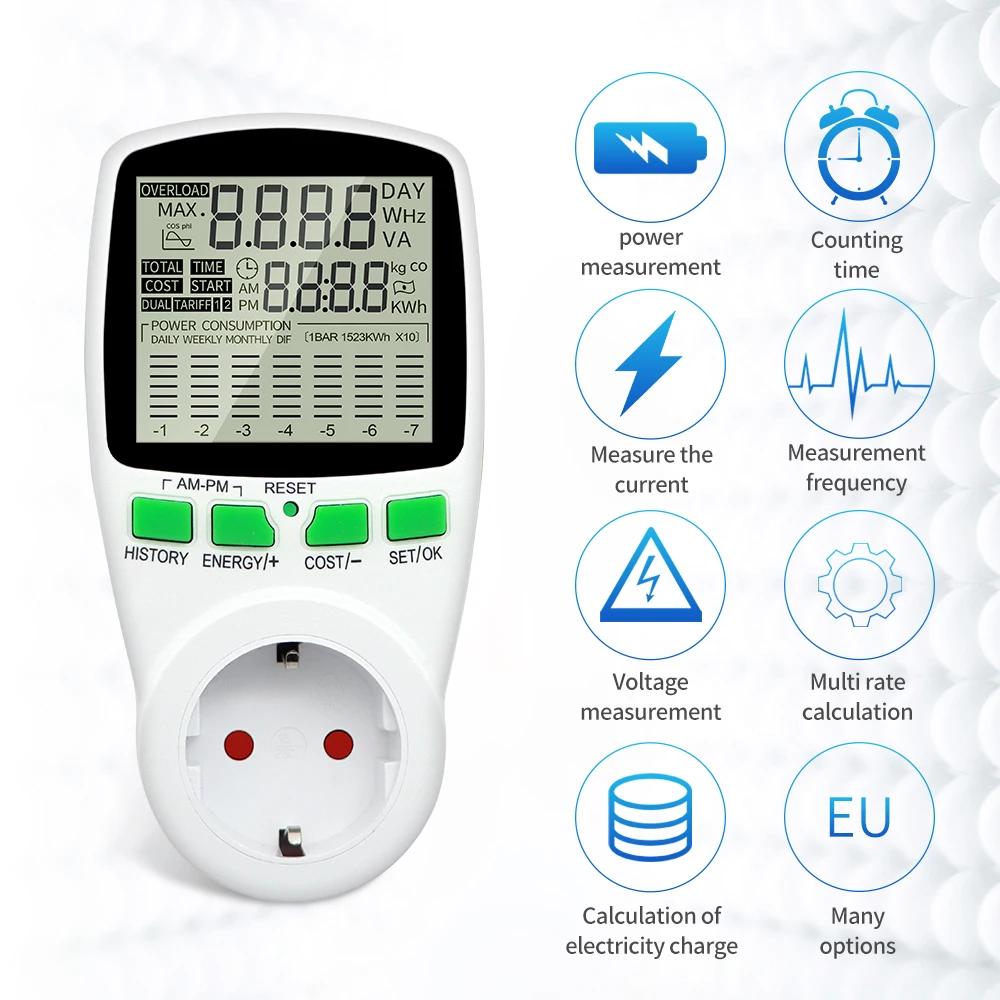 Spina ue/FR/usa wattmetro digitale di tensione 220V misuratore di potenza ca consumo Watt energia KWh presa analizzatore di elettricità Monitor