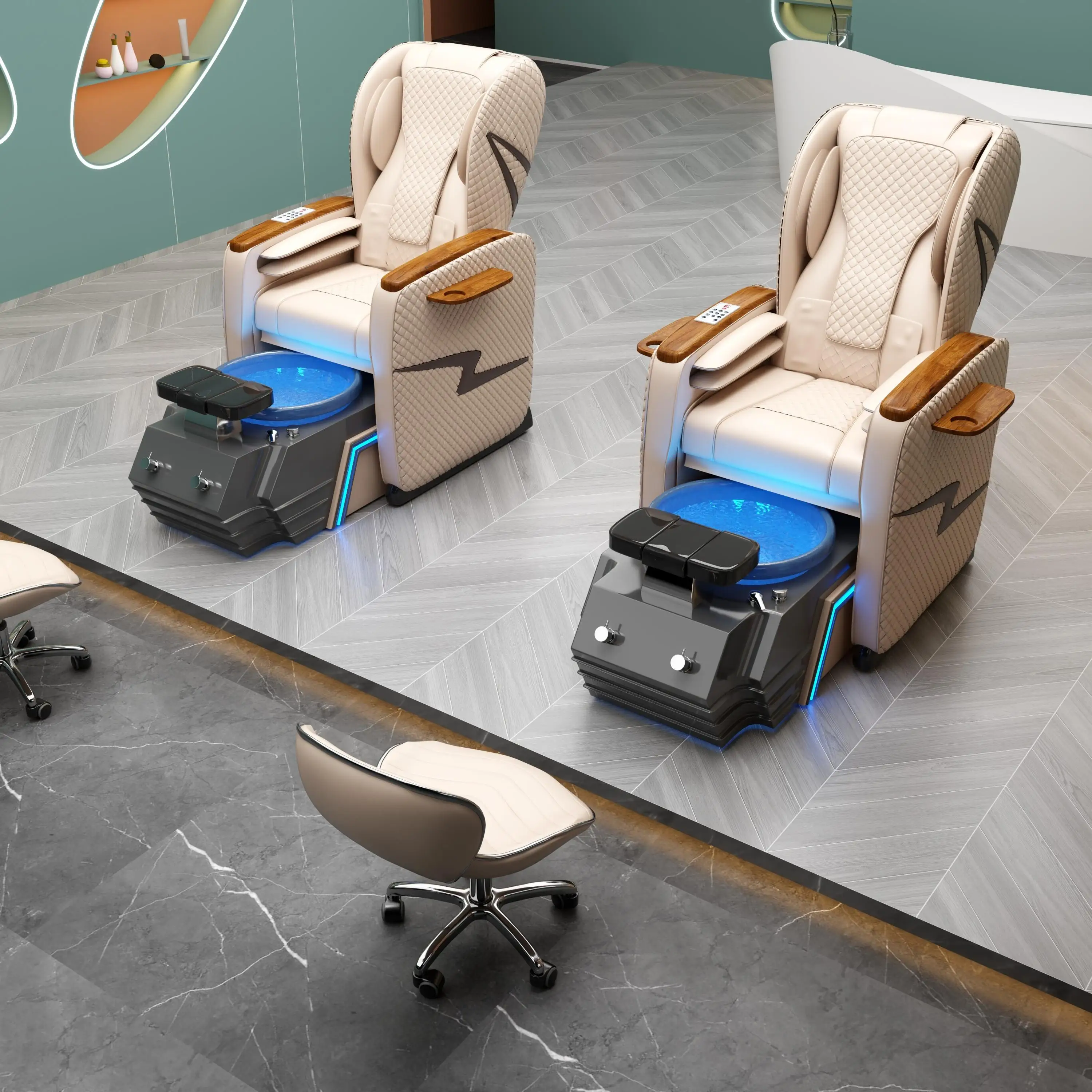 Czarne elektryczne krzesło do pedicure z masażem stóp, manipulatorem, podświetleniem, szklaną miską z efektem fali wodnej i pompą odpływową.