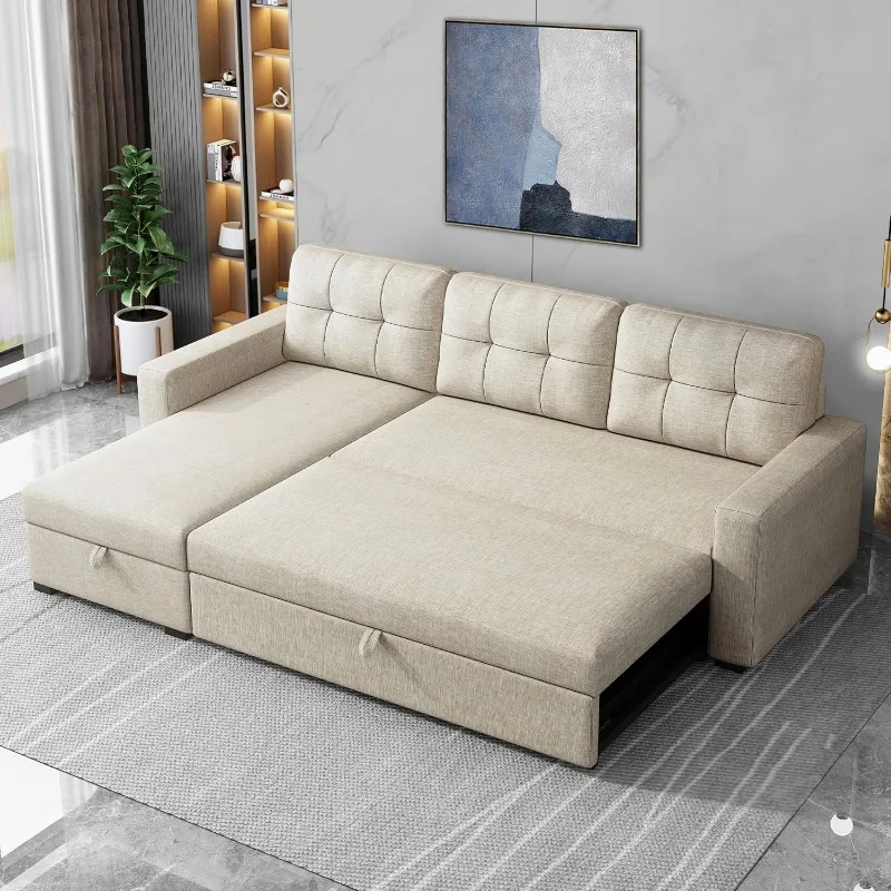 81.5" Sleeper Sectional Sofa,Upholstered Sectional Storage Chaise and Pull,Reversible L-Shape Couch,w/ 3 Back Cushions,for Livin