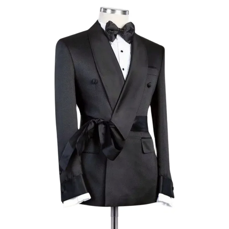 Men Suit Jacket with Plain Black Belt Double Breasted Shawl Lapel Slim Fit Custom Wedding Groomsmen Smoking Fashion Blazer 2024