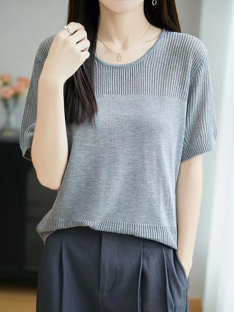 Verano 2025 nueva camiseta redonda de punto Sle para mujer ahuecada fina ort Sve Lyocell Top de seda Color de ajuste suelto