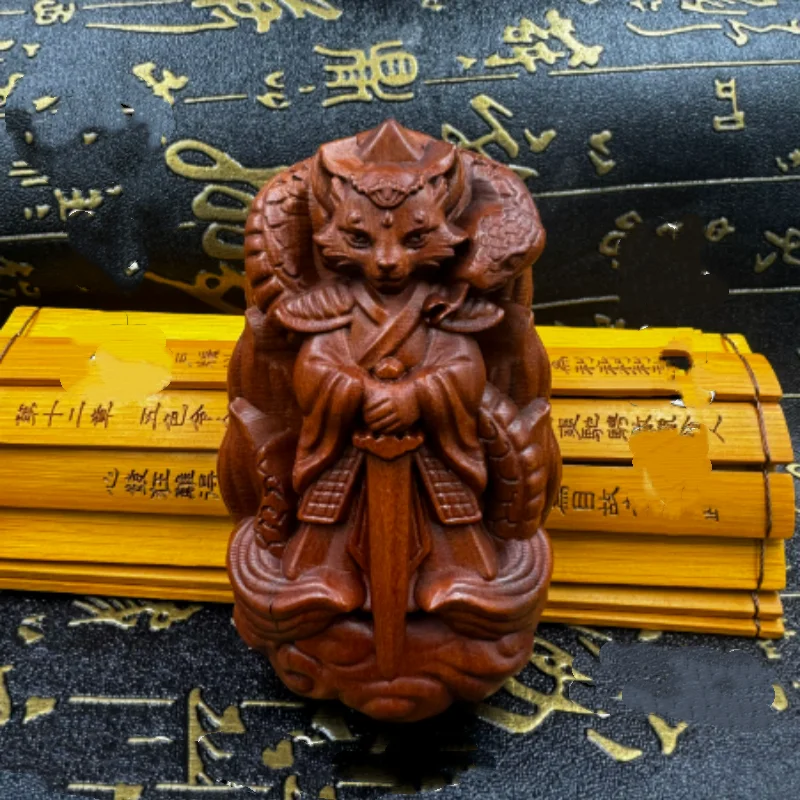 Natural Thunder Jujube Wood Carved Nine-Tailed Fox Hand Piece - Taoist Fox-Serpent Statue Ornament, Taoist Supplies Craft
