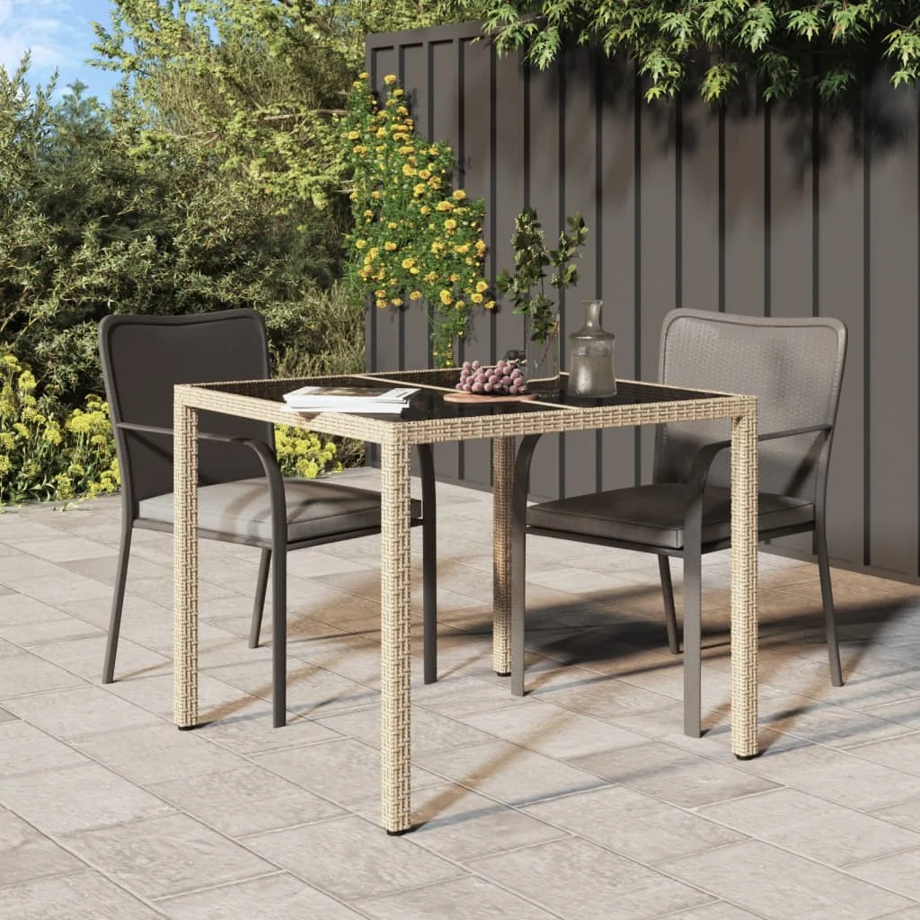 Gartentisch 90x90x75 cm Geh?rtetes Glas Poly Rattan Beige