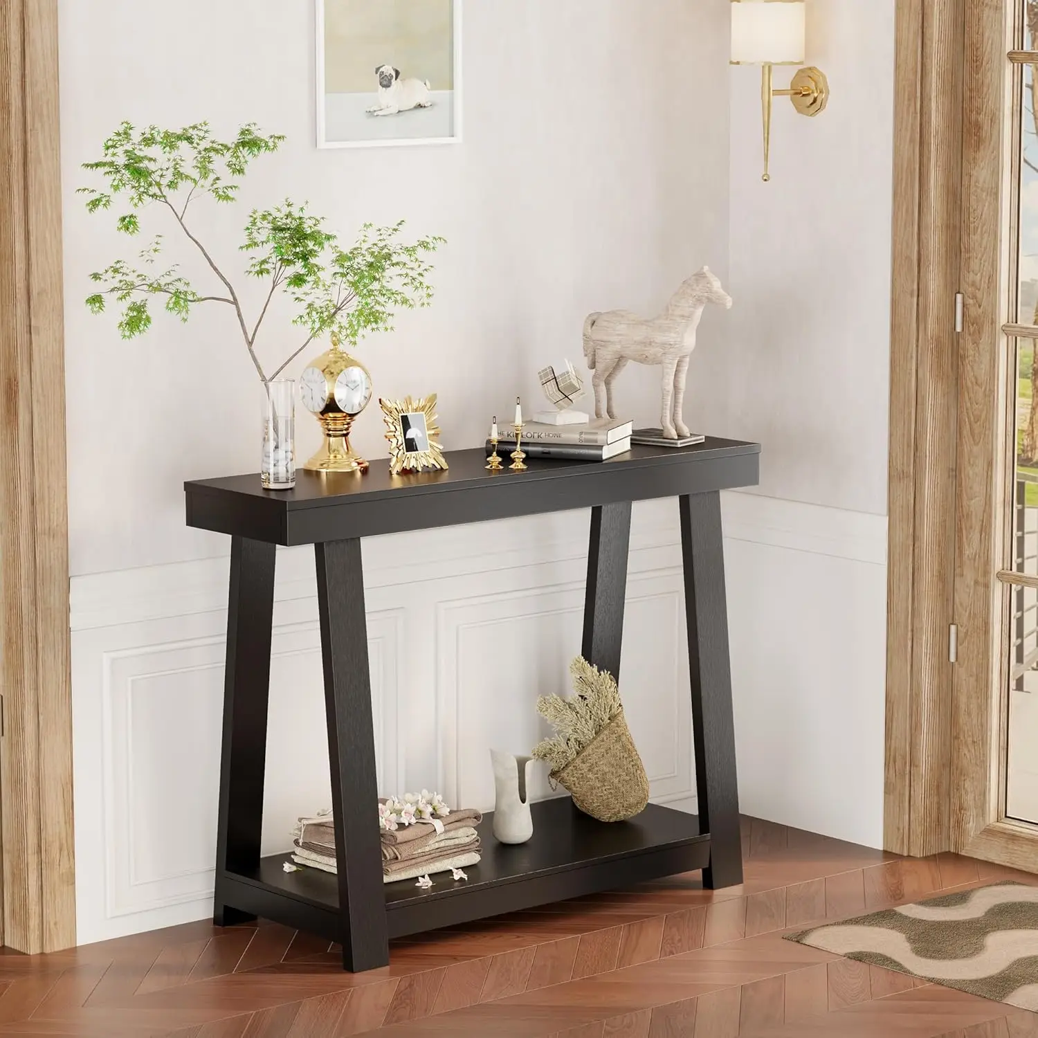 

43.5" Black Wood Console Table 2-Tier Storage Narrow Sofa Entry Hallway Bedroom, Customized