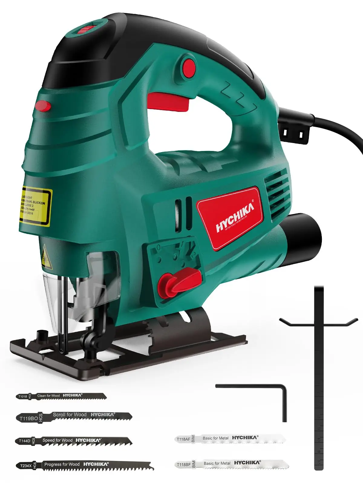 HYCHIKA 800W Electric Jigsaw with Laser 6 Blades 110mm Cutting Depth Jig Saw Power Tools for Wood Soft Metal PVC Tube