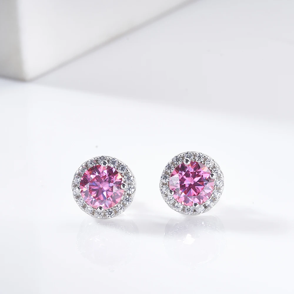 Real 925 Sterling Silver stub earring with  Round Cut 1.0ct D Color Moissanite Diamond Halo Stud Earrings for Women Jewelry Gift