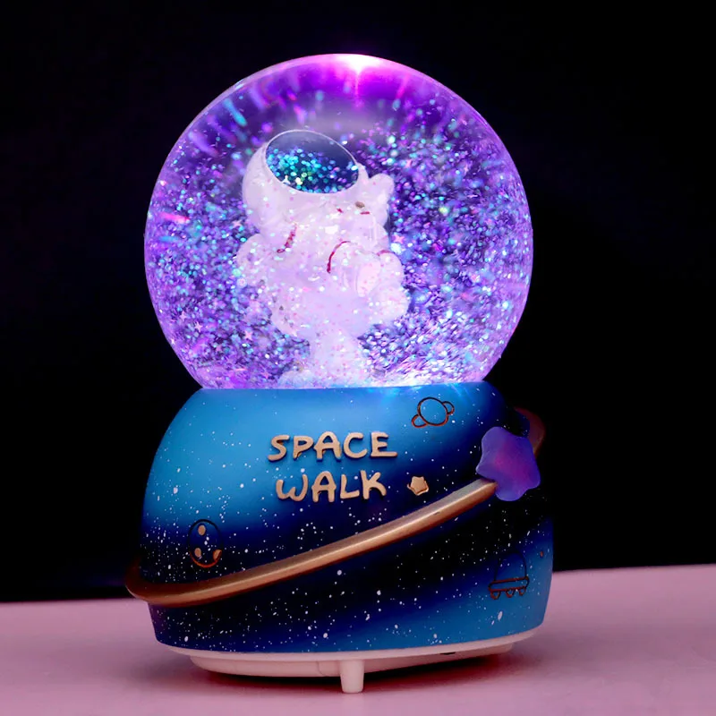 Boys\' Birthday Party Gift Astronaut Glow Light Crystall Ball Music Box Resin Statue Ornament Children Bedroom Decoration