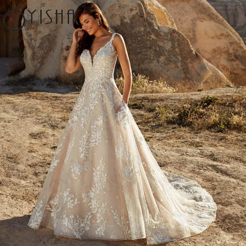 

Oyisha Lace Appliques Tulle Vestido De Novia Romantic V-Neck Sleeveless Wedding Dresses Backless A-Line Bridal Gowns Custom Made