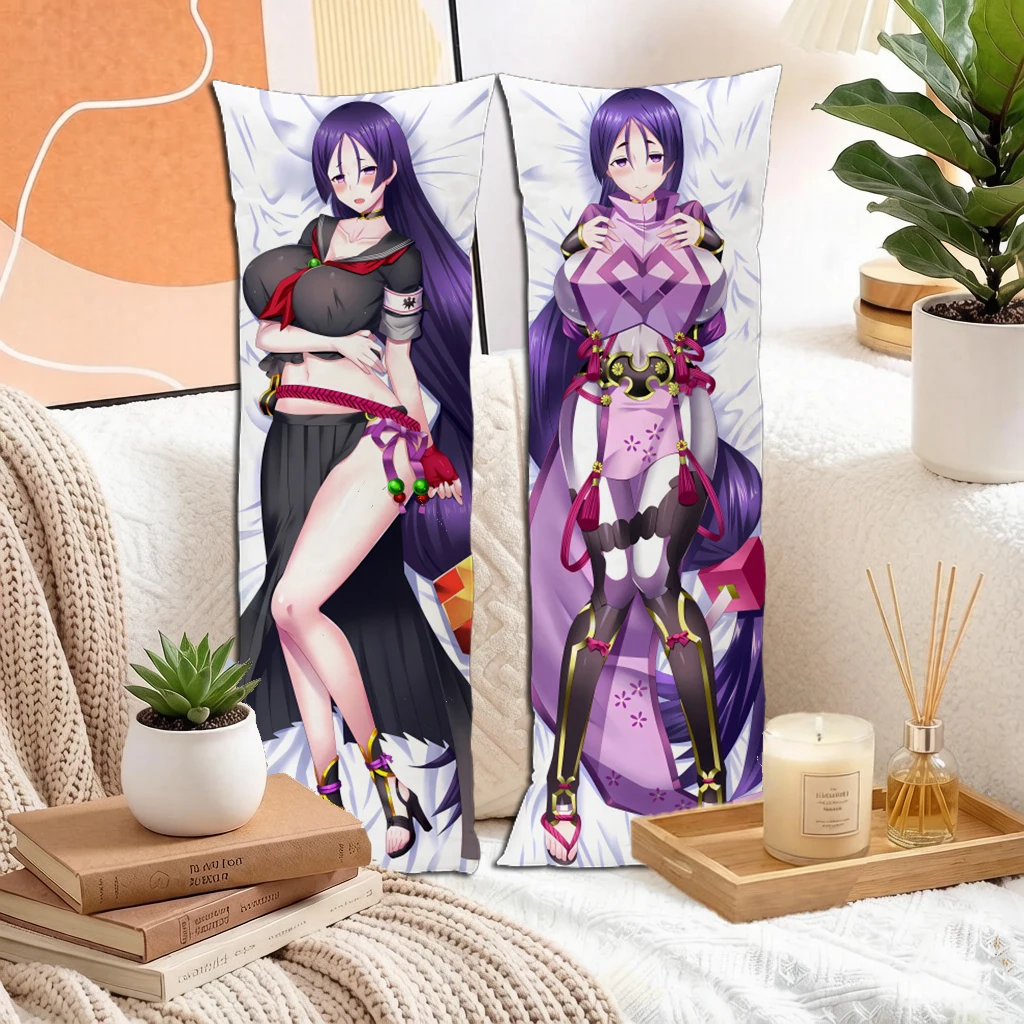 Anime Purple Long Hair Violet Eyes Red Cord Choker Slit Dress Girl Dakimakura Cover Long Pillowcase Double Sided Peach Skin 2way