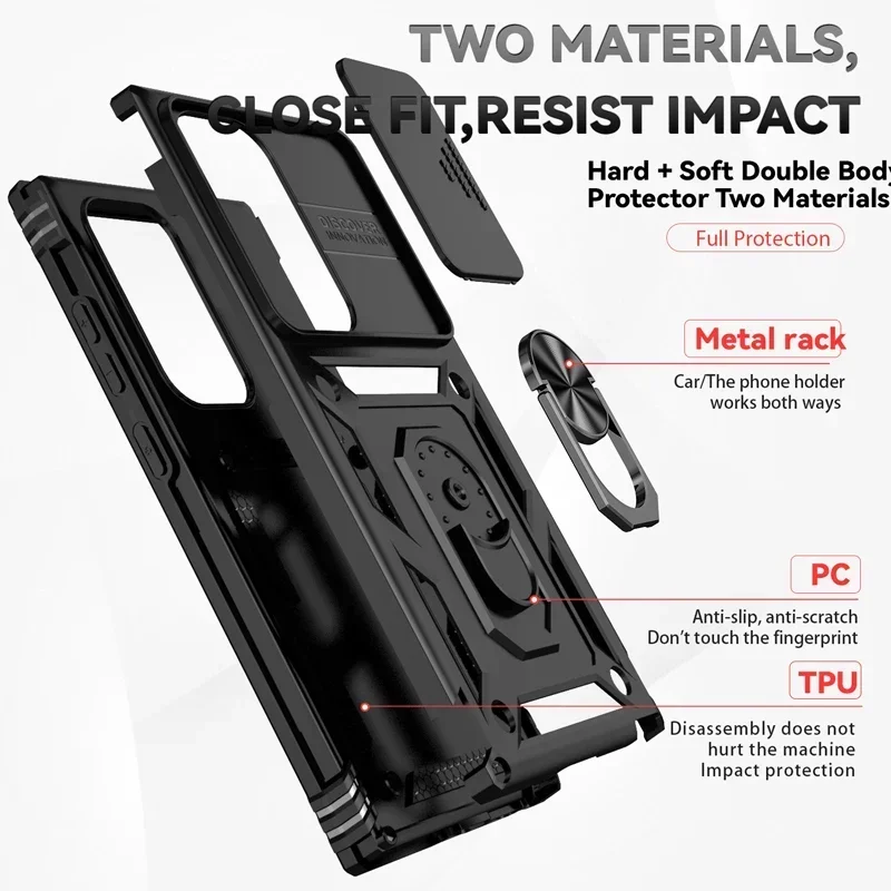 Stand Rotating Slide Camera Lens Military Grade Armor Case For Samsung S25 S24 S23 S22 S21 FE S20 Plus Note 20 Ultra M53 M33