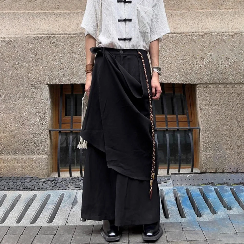 Men Japanese Double-Layer Irregular Casual Culottes 2024 New Genderless Fashion Splicing Solid Color Loose Wide-Leg Pants Unisex