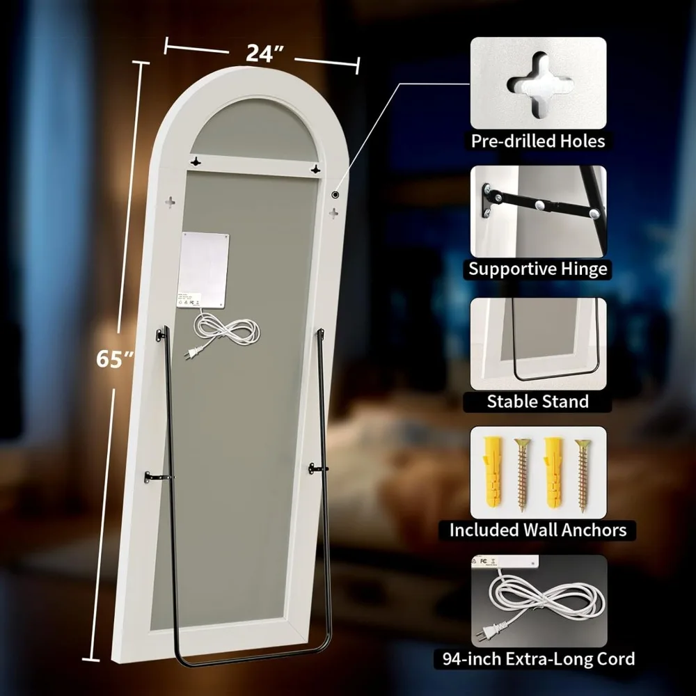 Illuminated Arched 65 x 24 Full-Length Mirror with Adjustable Dimming and Multi-Color Lighting, Shatter Resistant, Versatile for