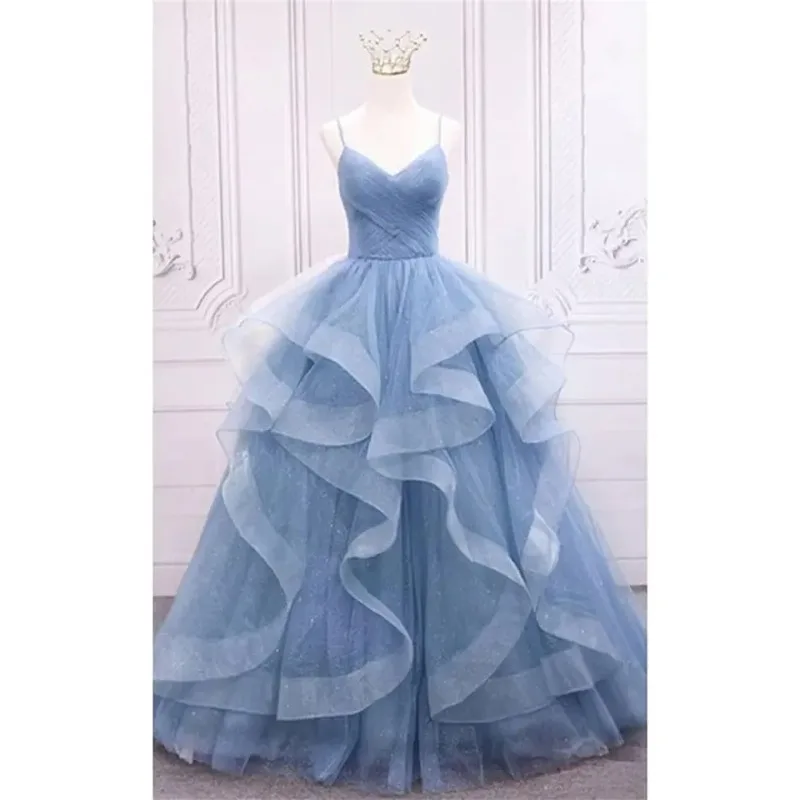 Sukienki balowe z tiulu z brokatem na ramiączkach spaghetti dla kobiet, bufiaste, warstwowe suknie wieczorowe na formalne okazje.