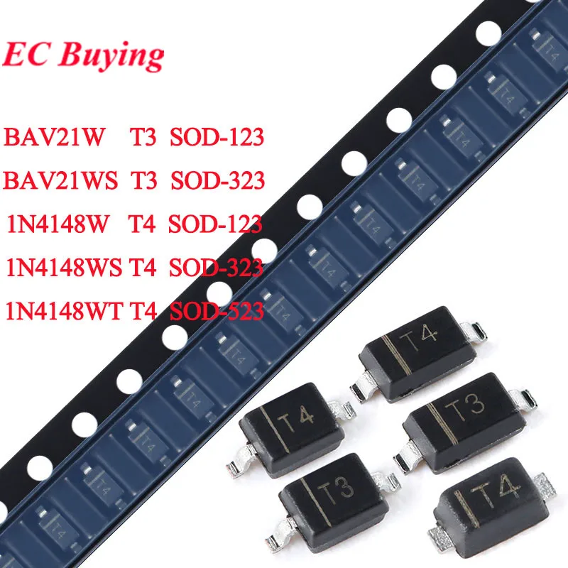 100pcs/lot 1N4148W T4 BAV21W T3 SOD-123 1N4148WS BAV21WS SOD-323 1N4148WT SOD-523 1N4148 BAV21 BAV21W SMD Switching Diodes