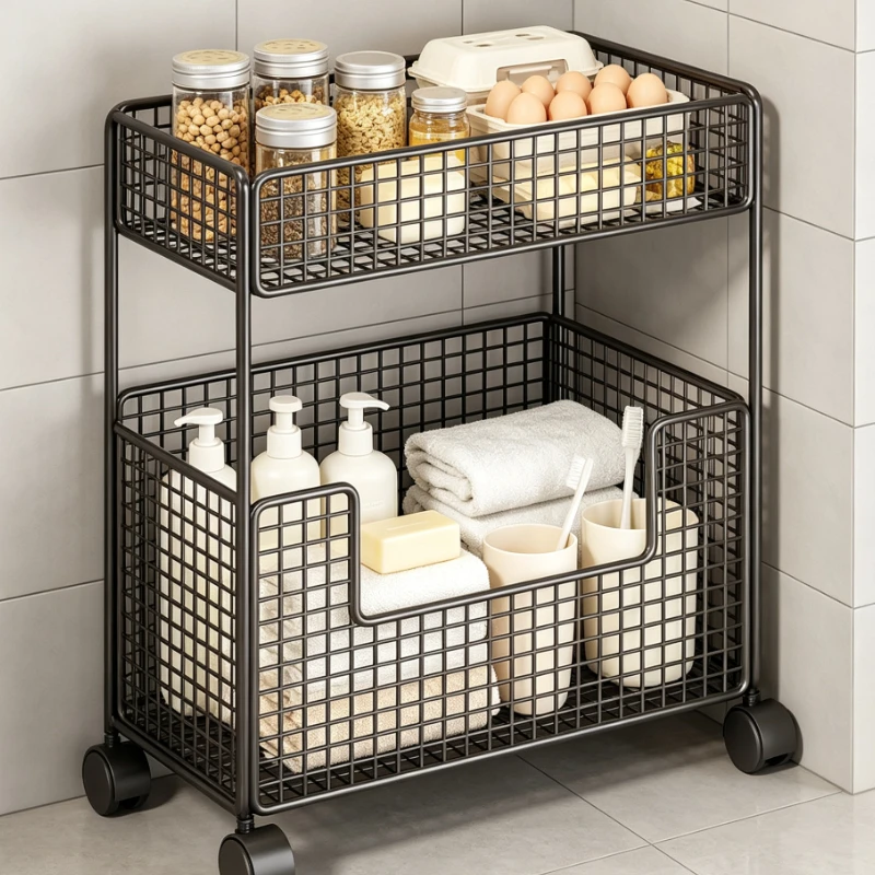 2 Tier Rolling Storage Cart Kitchen Organizer Basket with Wheels for Vegetables Fruits Snacks Narrow Gap Cabinet Shelf
