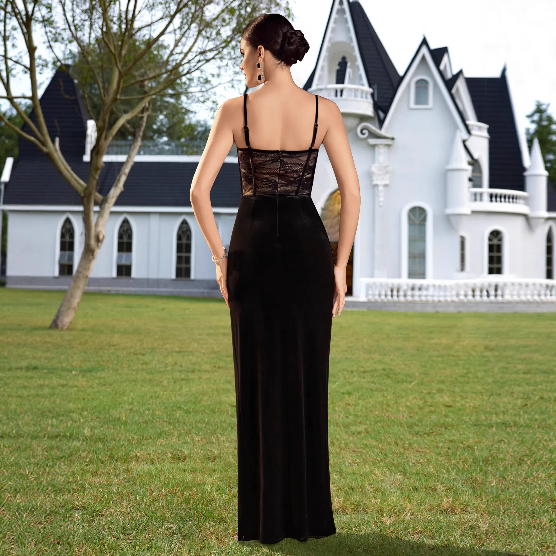 LEOSOXS Zwarte strappy pure kant-corset fluwelen maxi-jurk hoge dij split detail 2025, nieuwe sexy formele avondjurk voor vrouwen