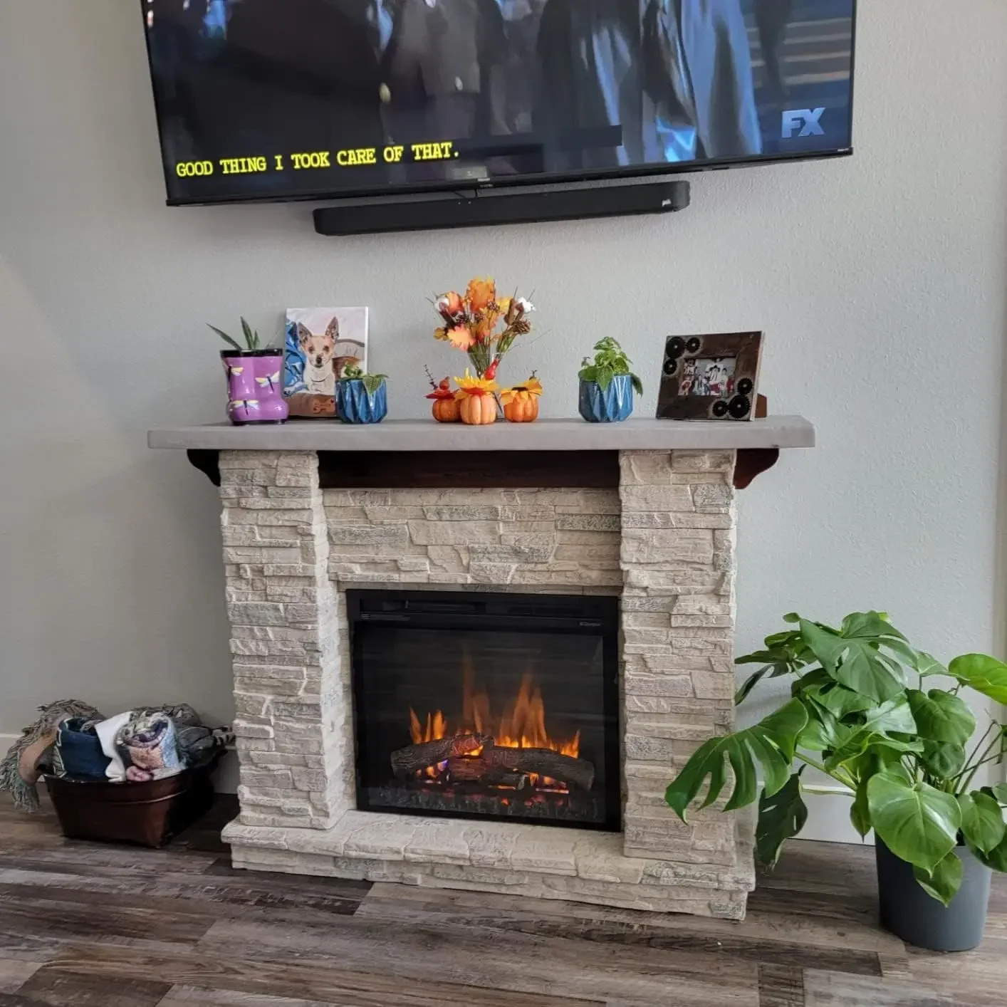 Featherston Electric Fireplace with Mantel Surround Package | Pine with Gray Stone-Look, Includes 28" Electric Firebox Heater