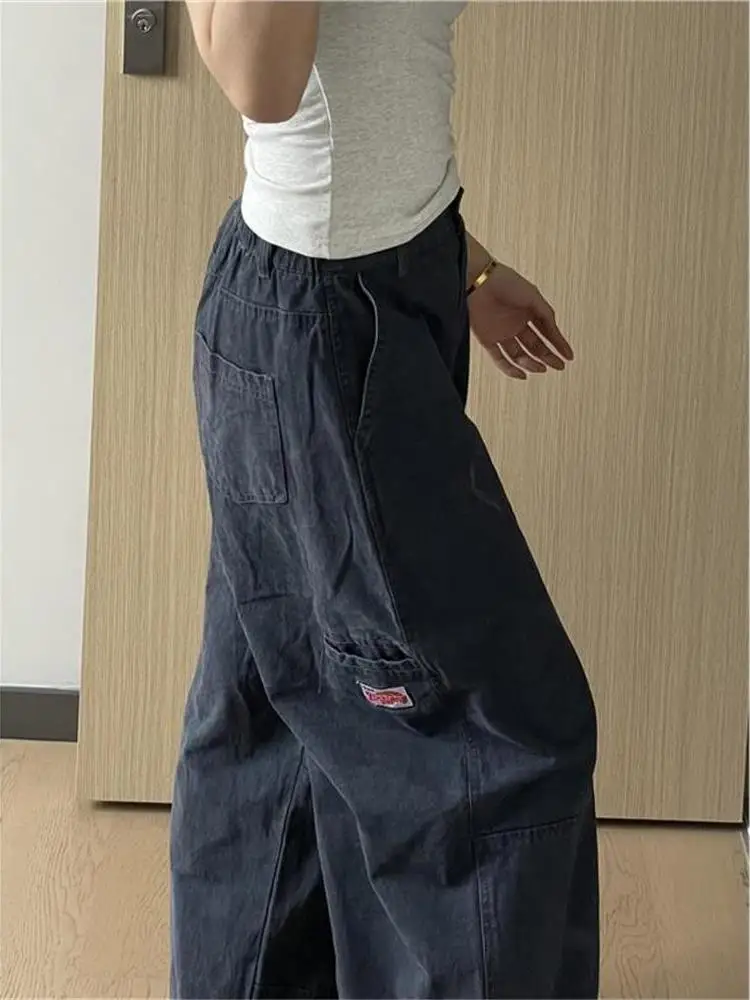 American Style High Waist Loose Fit Women's Denim Jeans Knife  Wide Leg Workwear Straight Cut Trousers Street Style