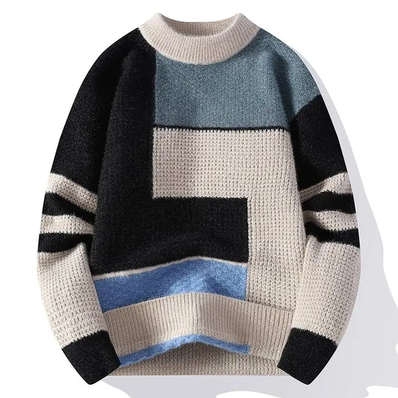 الخريف الشتاء موضة الجولة الرقبة طويلة الأكمام البلوفرات ملابس للرجال المرقعة اللون حجب الحياكة الكورية فضفاض القمم JJ743