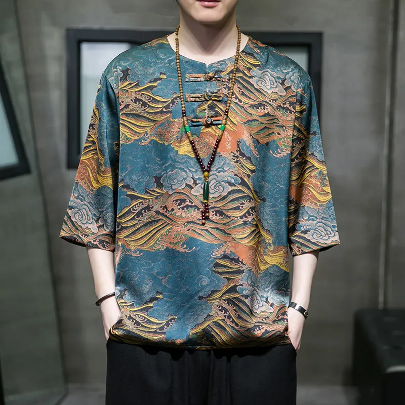 2026 Summer Men's Chinese Style Ice Silk Tang Suit Hanfu Oversized Loose Fit Pullover Casual Ethnic Minority Streetwear Blouse