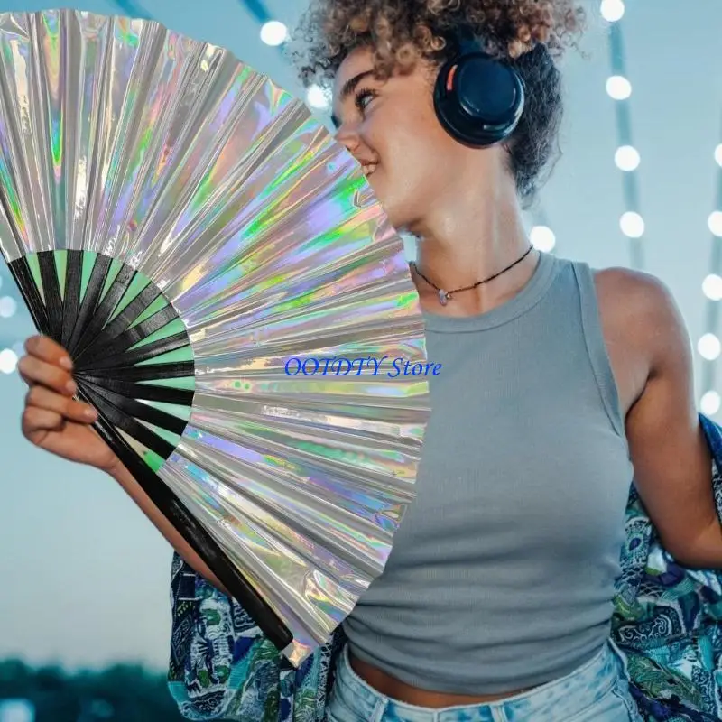 367A Reflective Shimmering Multicolor Folding Handheld Fan for Dance and Fitness Activity Comfortable Grip and Easy to Use
