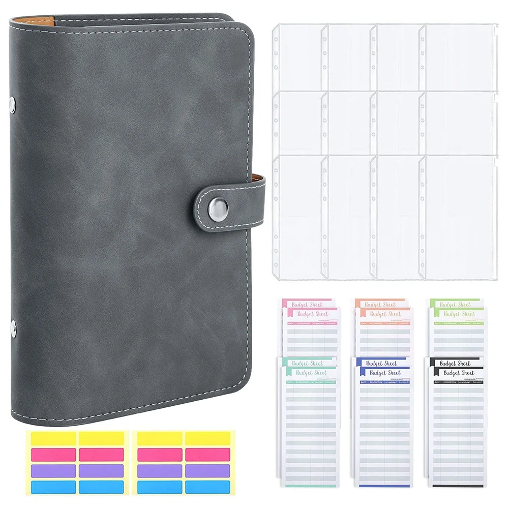 สมุดโน๊ต A6แผ่นหนัง PU 6รูพร้อมกระเป๋า A6ประสาน12ช่องสมุดวางแผนงบประมาณ-สีเทา
