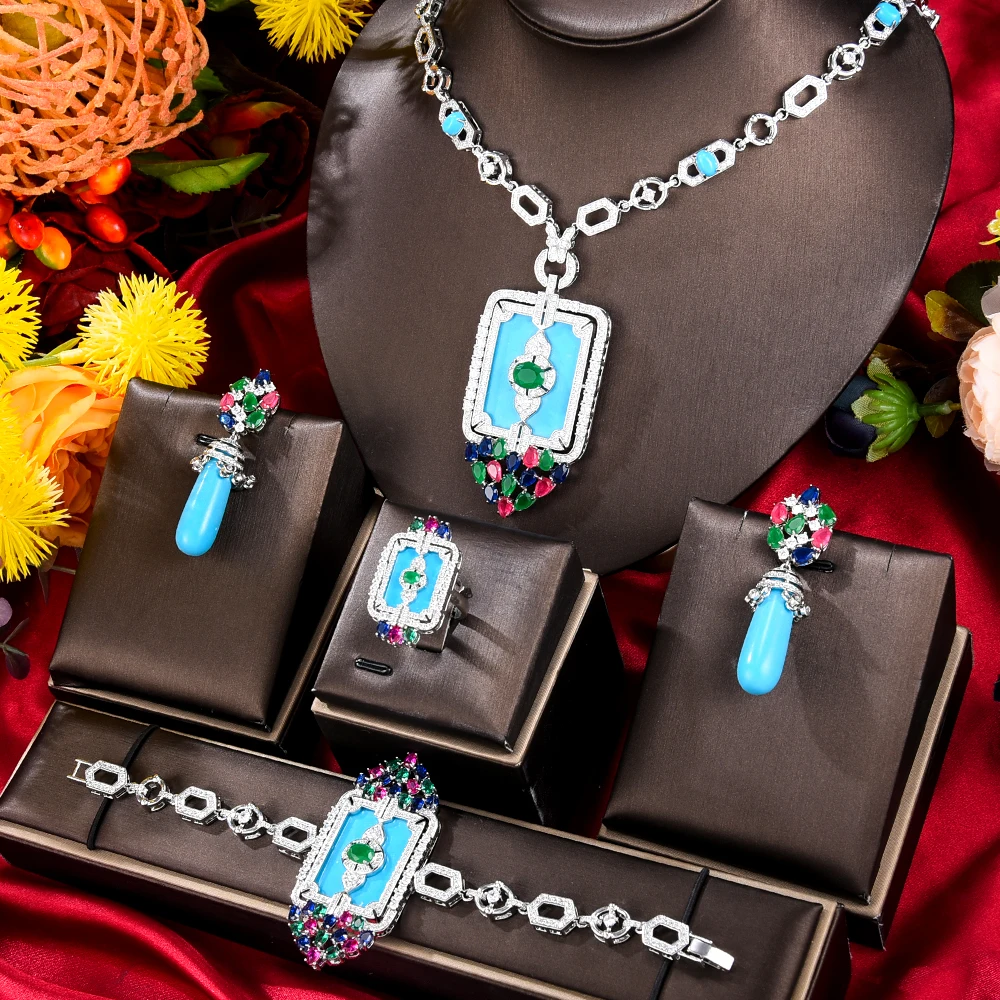 

GODKI New Fashion Turquoise UAE Dubai Bridal Jewelry Set For Women Wedding Party Nigerian African Necklace Earring Set