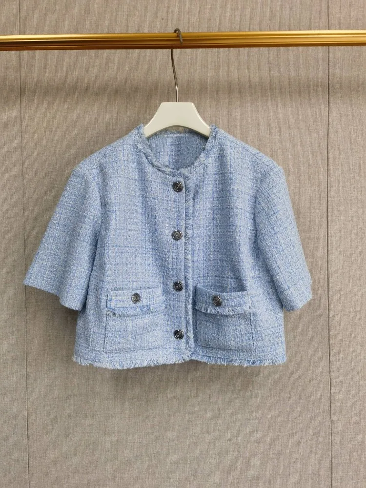 

Blue Tweed Short Sleeve Short Jacket Tops 2025 New Design