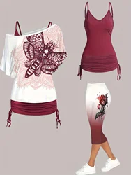 Plus Size Burgundy Butterfly Print Oversize For Women Off-Shoulder Jacket Solid Color Suspenders Pants Three-Piece Lady Suit