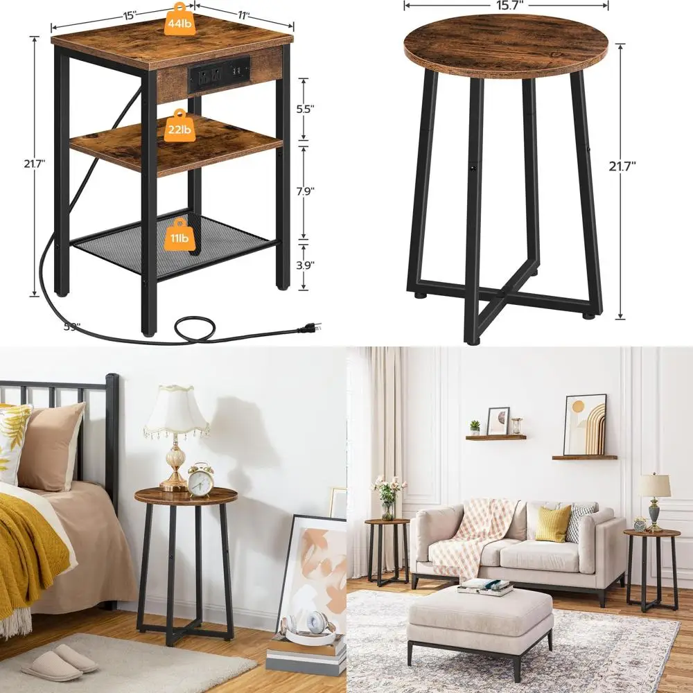 

3-Tier Adjustable Shelf Nightstand Bundle, Round X-Frame Accent Table, Rustic Brown