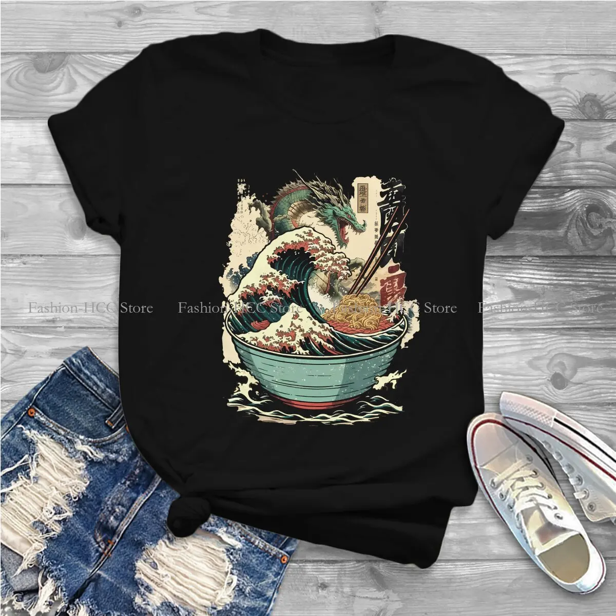 The Great Ramen Off Kanagawa Polyester TShirts Dragon Distinctive Women's T Shirt Hipster Tops