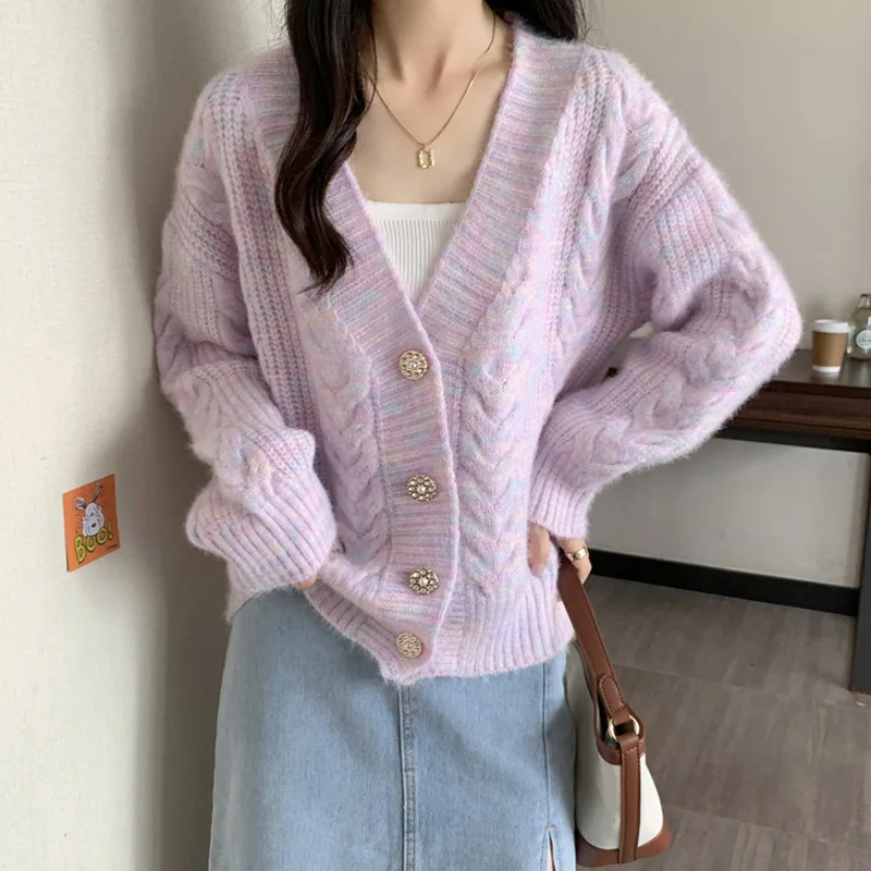 

Y2k Sweater Oversize Purple New Knit Cardigan Fashion Designer Korean Style Winter Women's Long Sleeve Top Soft Outerwears Coat