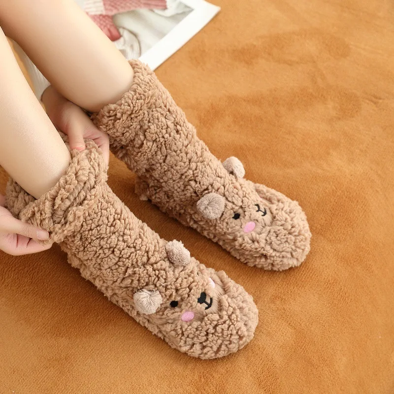 

Winter Thick Small Bear Pattern Women Plush Socks Warmth Comfort Fashion Cartoon Design Casual Anti Slip Silicone Floor Socks