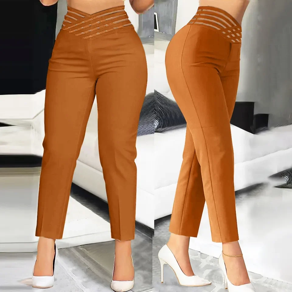 

Ladies' Hollow Waistband Pencil Pants Autumn High Waisted Women Solid Casual Yoga Pants Hollow Mesh Elastic Waist Slim Trousers