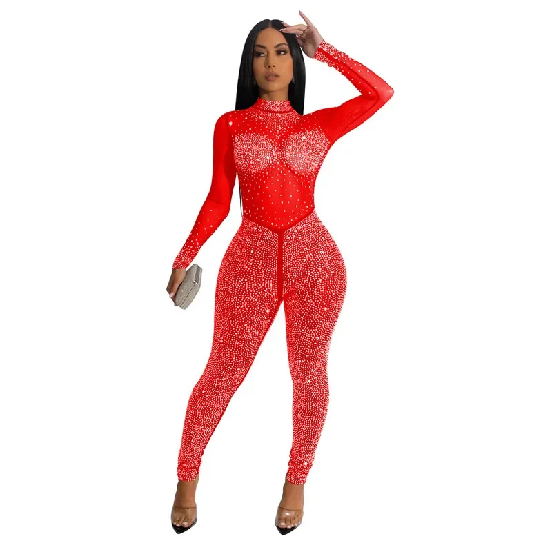 Wysokiej jakości kombinezony damskie z długim rękawem 2022 Skinny Sexy Diamonds Jumpsuits Women High Neck Mesh See Through Black Club Party Jumpsuit Rompers