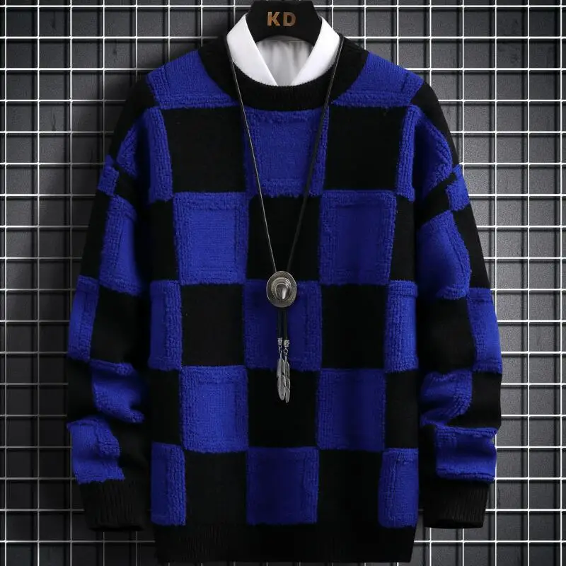 New Fall Winter Korean Style Mens Pullovers Sweaters High Quality Thick Warm Cashmere Sweater Men Luxury Plaid Pull Homme 2023