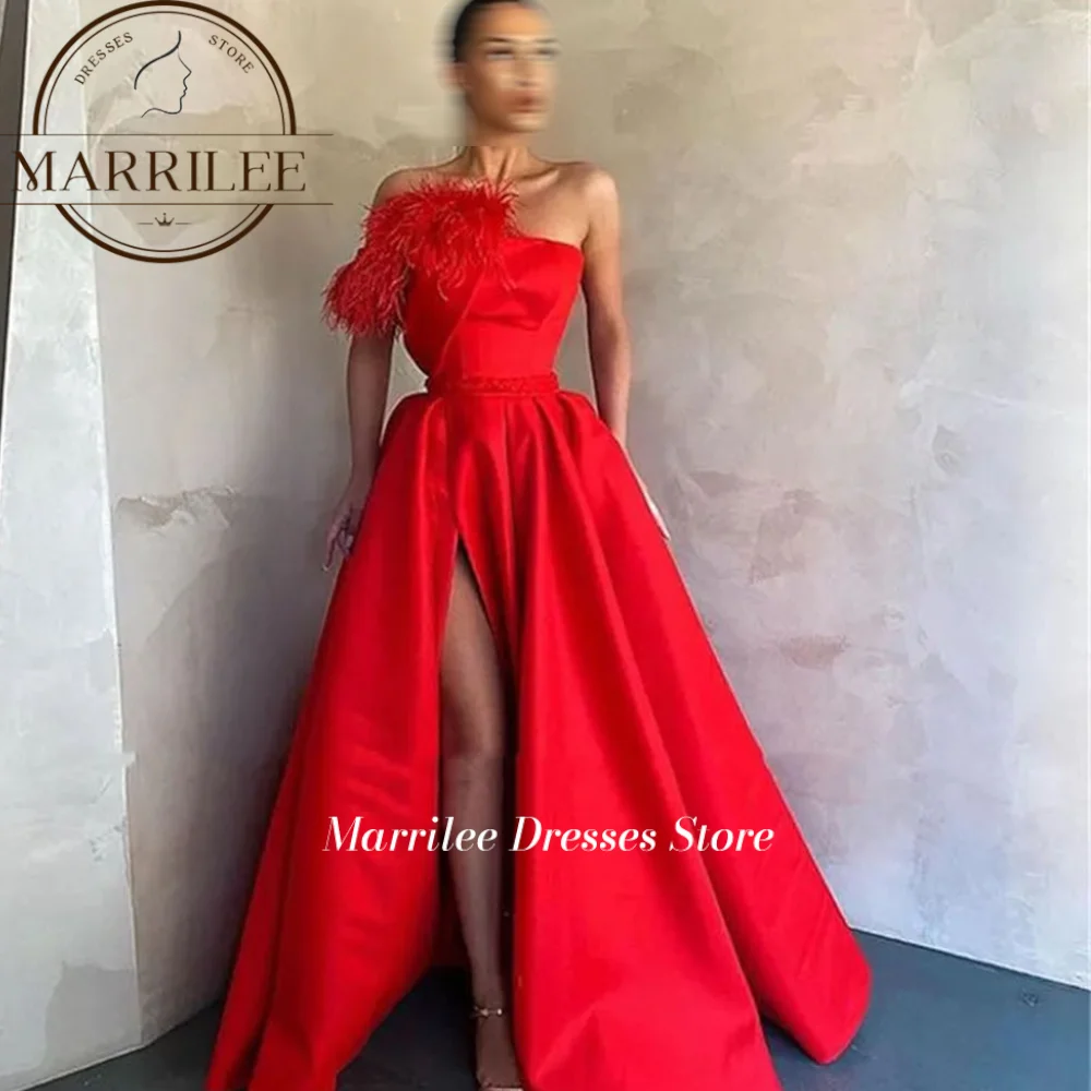 Marrilee personalizado rojo A LIine para mujer sin tirantes sin mangas lado dividido vestido de invitados de boda con plumas 2024 vestido de