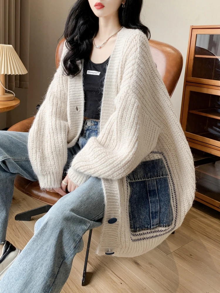 

Loose Large Size Lazy Sle Retro Knitted Open Cardigan Autumn Winter New Mid-Length Women's Sweater Jaet Versatile High-En...