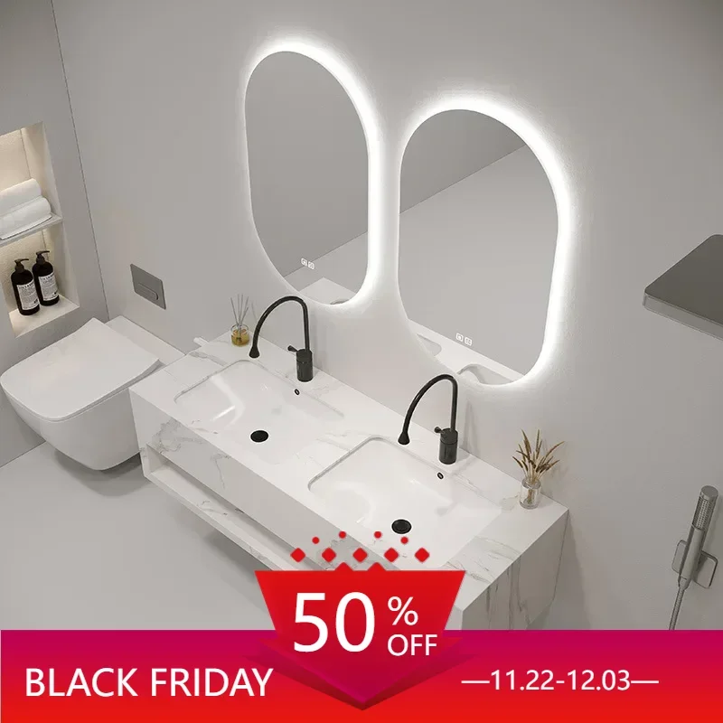 Modern Double Bathroom Vanity Rock Cabinet with Marble Sink Combo Top Ceramic Vessel Sink Chrome Faucet Drain with Vanities Set