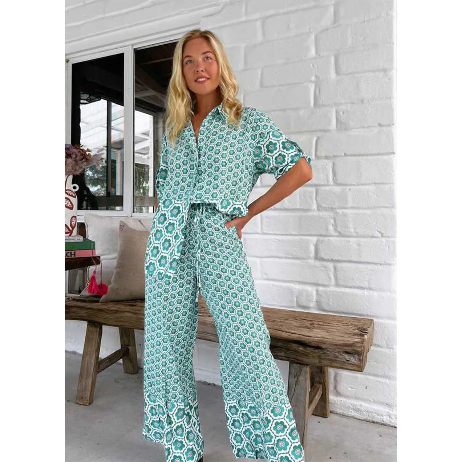 

summer 2 piece sets woman outfit New 2025 pants sets fashion print Tops+holiday Wide leg pants two piece outfits woman