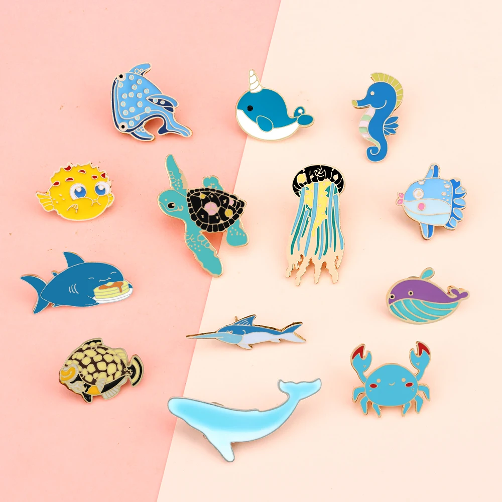 Cute Sea Ocean Animal Enamel Pins Cartoon Shark Whale Jellyfish Sea Turtle Brooches Bags Hat Lapel Pin Badge Jewelry for Friends