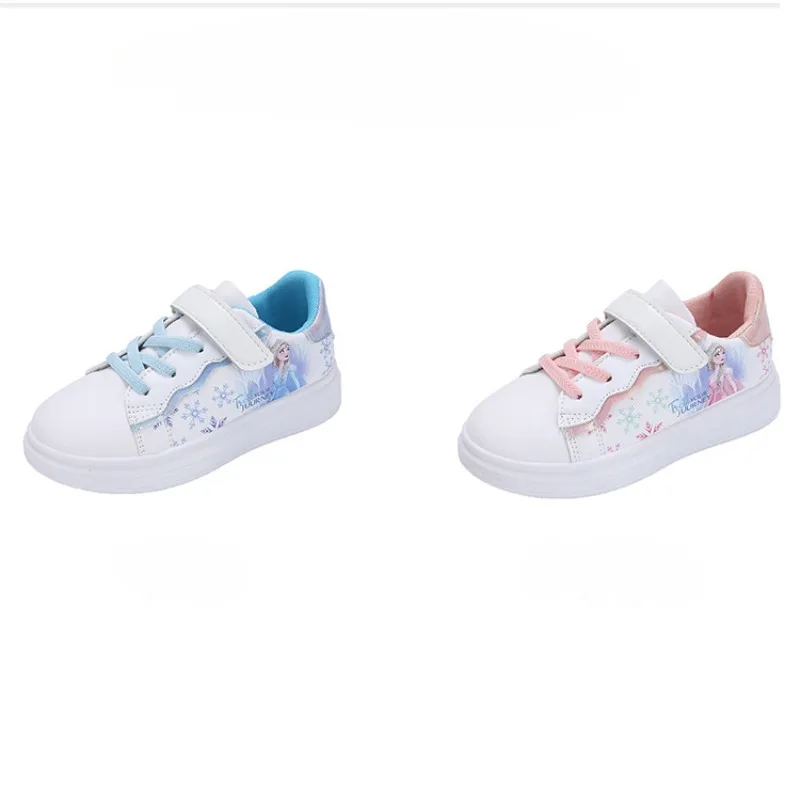 Anime Cartoon Princess Elsa Leather Sports Shoes Students White Casual Shoes Waterproof Soft Bottom Children's Running Shoes