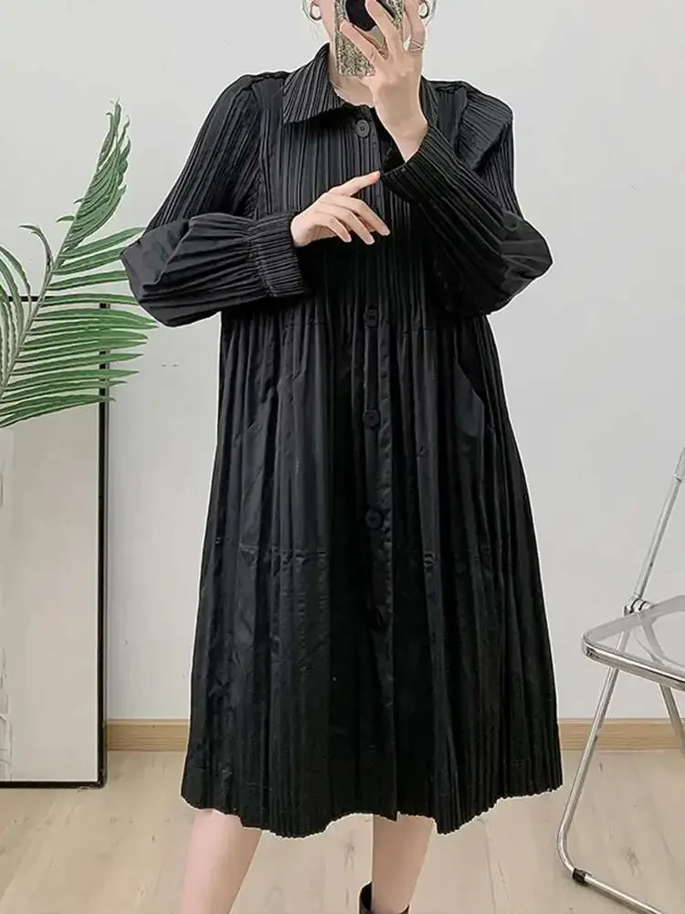 

Single Breasted Full Sleeve Patchwork Pockets 2025 New Dresses Fashion Casual Versatile Design Loose Pleated Lapel Dress