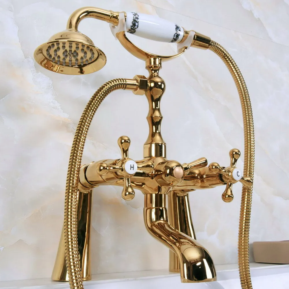 

Polished Golden Brass Deck Mount Bathtub Faucet Set Dual Handle with Hand Shower Swivel Tub Spout Bna150