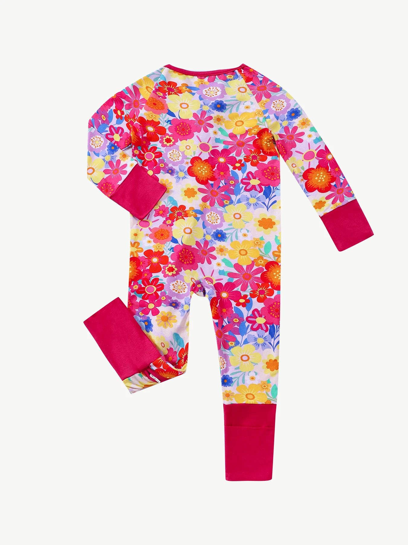 Bamboo fiber baby romper with soft and thin fabric, short-sleeved with flower prints, reversible foot covers and double zippers