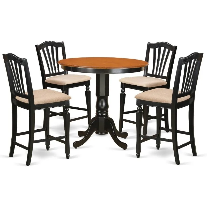 

Kitchen Counter Set Includes a Round Dining Room Table with Pedestal and Linen Fabric Upholstered Dining Chairs