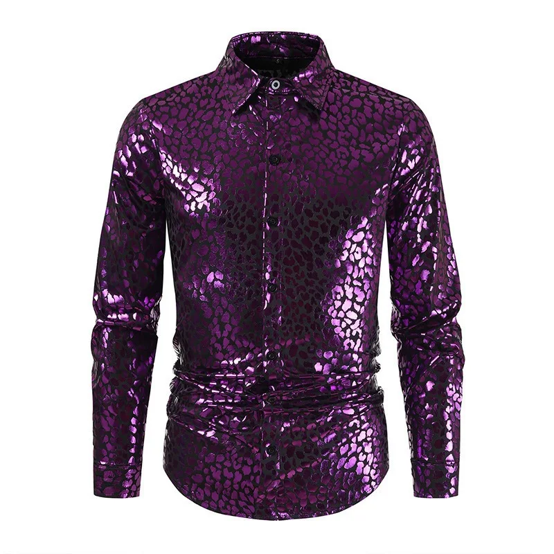 2026 New Arrival Men Snake Skin Print Gold Foil Shiny Long Sleeve Shirt Fashion Stage Banquet Show Men's Casual Party Tops