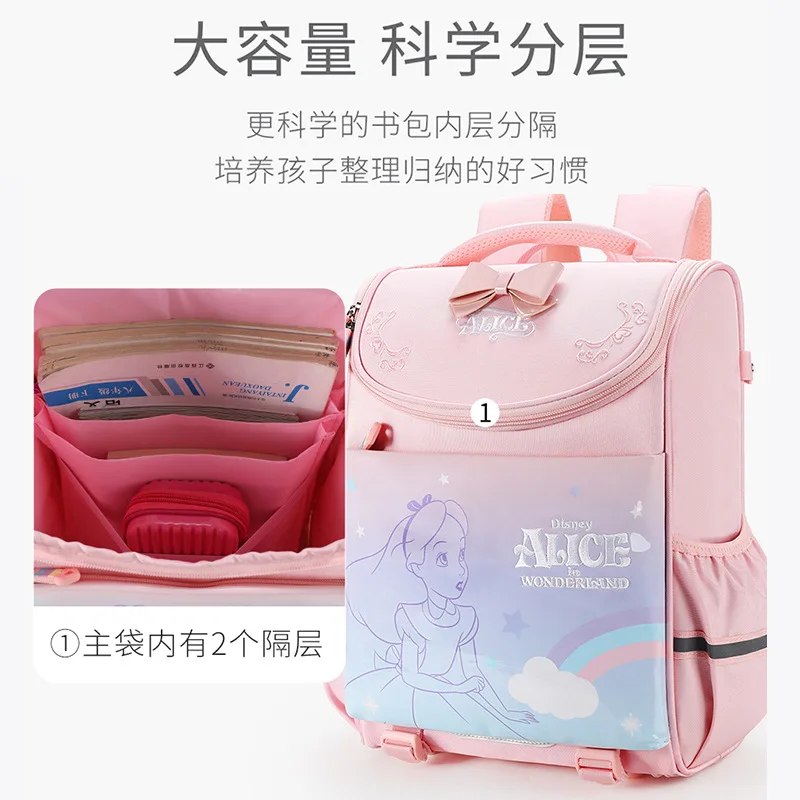 Disney Alice New School Bags For Girls Grade 1-4 Primary Student Shoulder Orthopedic Backpack Large Capacity Kids Gifts Mochilas