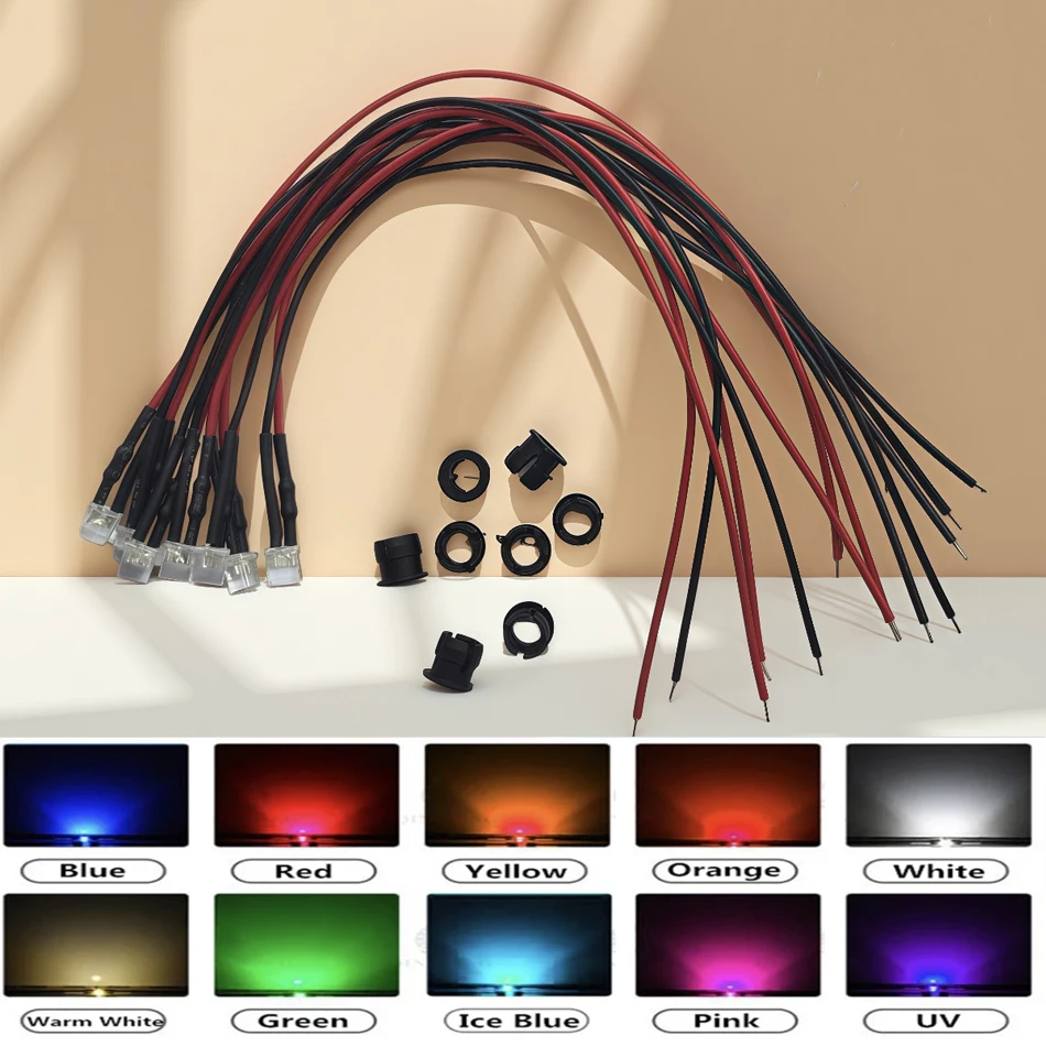 

50-100pcs 3mm 5mm Flat Top LED Pre-wired water clear DC5-2V Red Green Blue white RGB UV light-emitting diode with Plastic Holder
